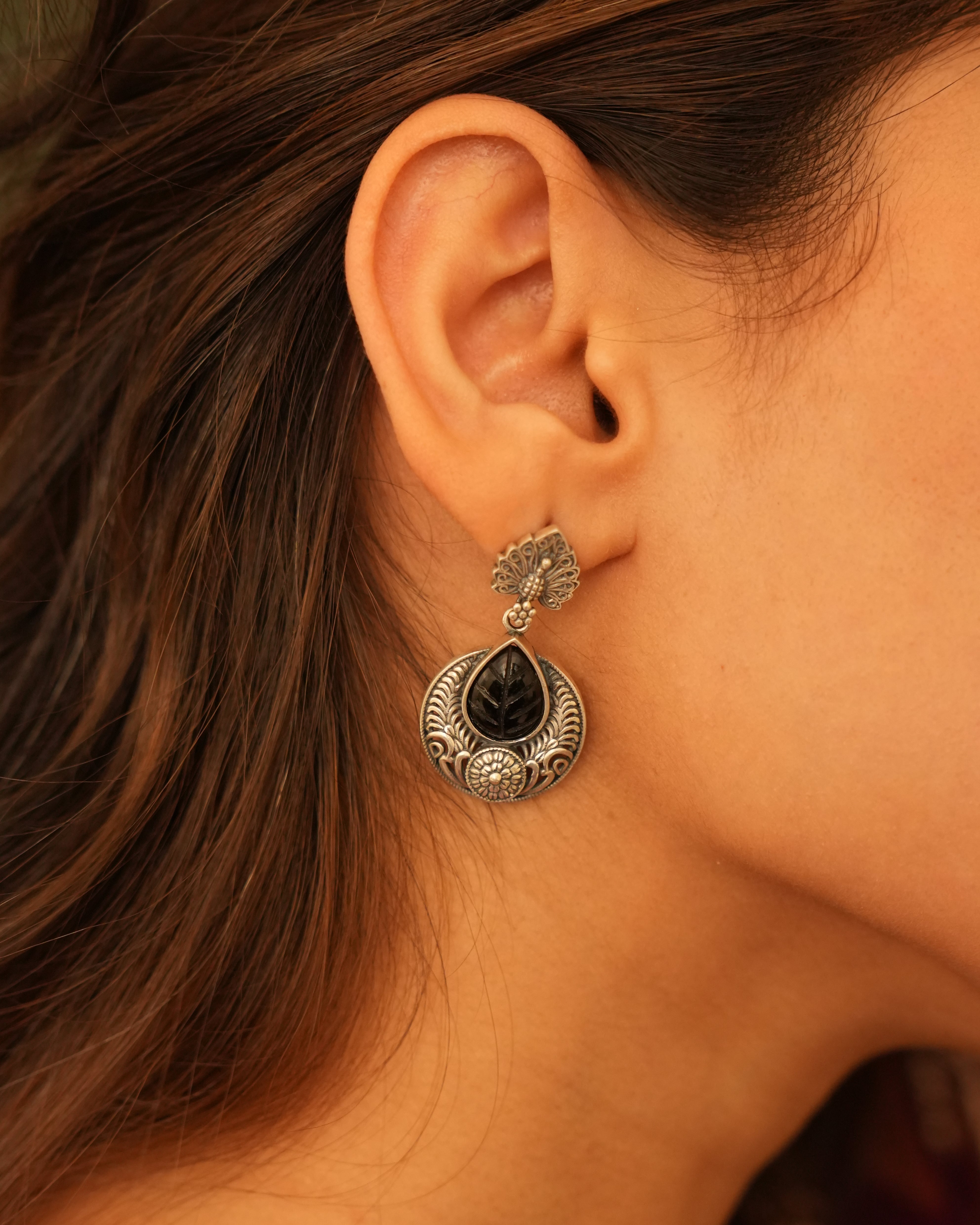 Unique Oxidised Earrings with Black Pear Stone